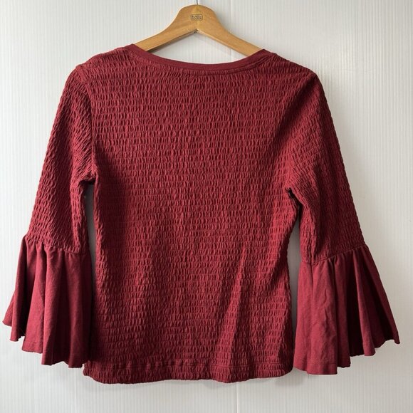 Anthropologie Smocked Bell Sleeve Top Shirt Blouse Wine Red Burgundy Sz Small - Picture 3 of 15